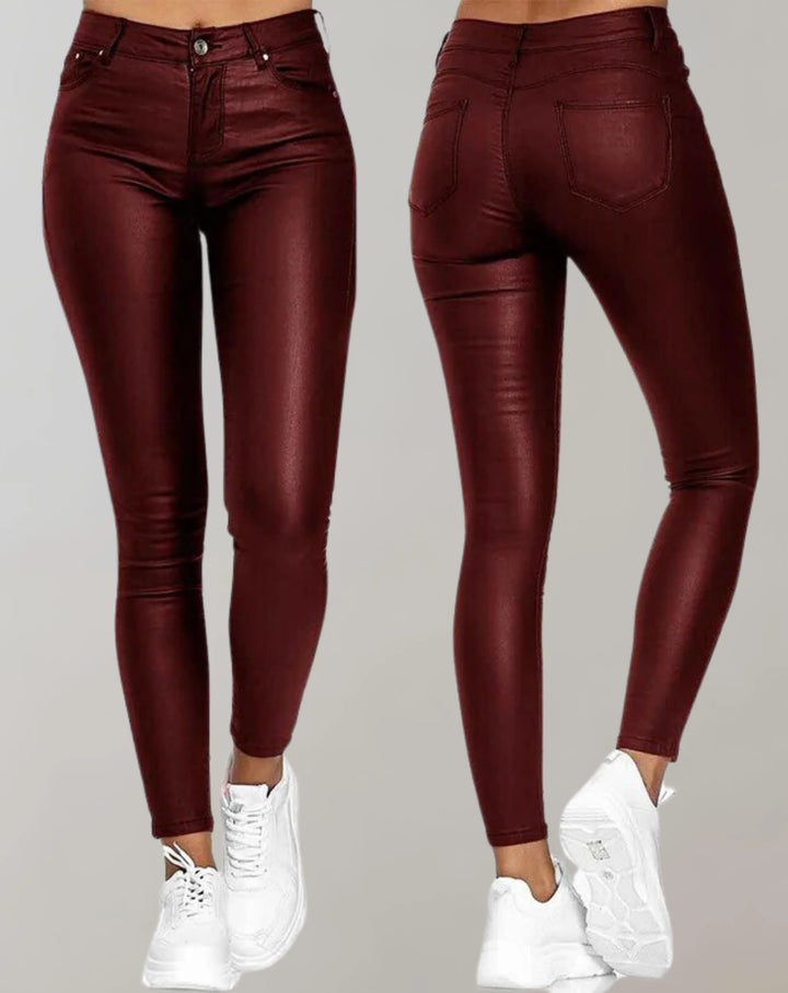 Women's High Waist Skinny Trousers with Pockets - Sleek PU Leather Design for Modern Style 3