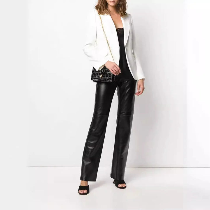 Women's High Waist Vegan Leather Trousers Straight Cut with Subtle Bootcut 0
