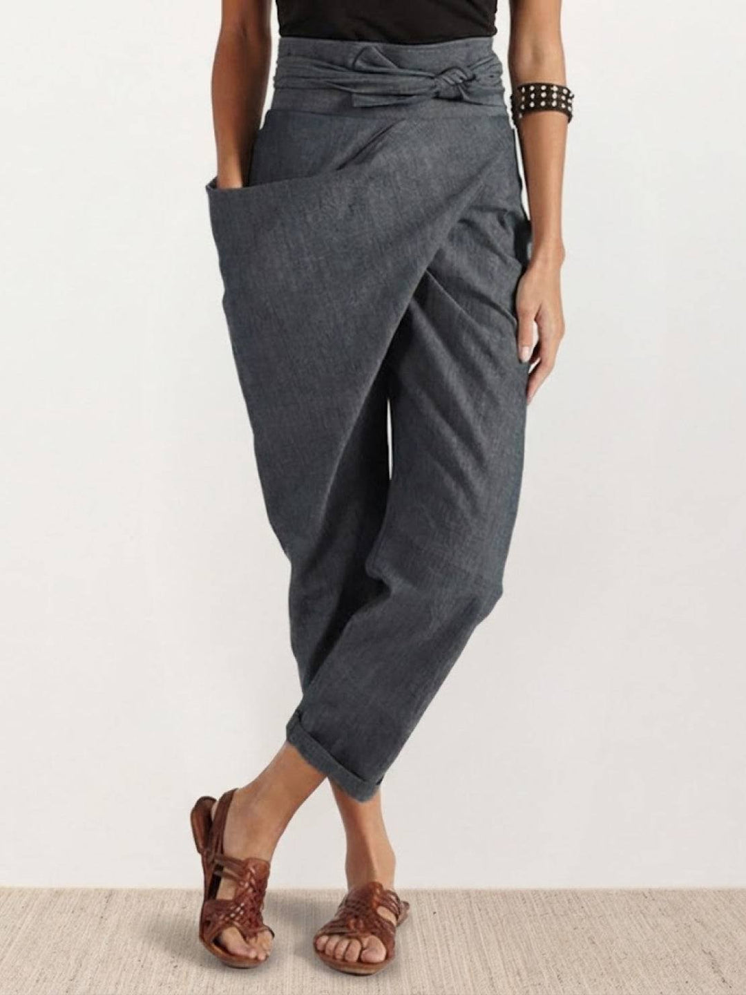 Women's High Waist Wrap Trousers Cropped Tapered with Bow Waistband 0