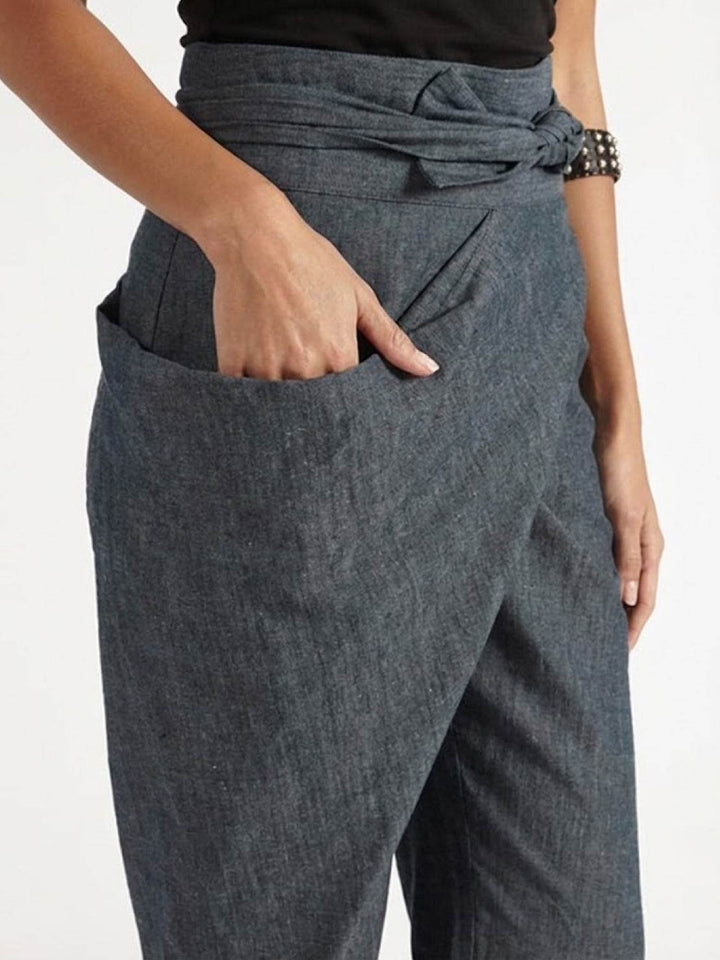 Women's High Waist Wrap Trousers Cropped Tapered with Bow Waistband 3