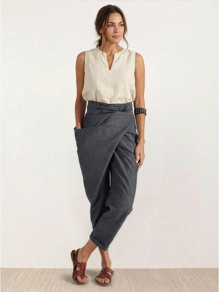 Women's High Waist Wrap Trousers Cropped Tapered with Bow Waistband 4