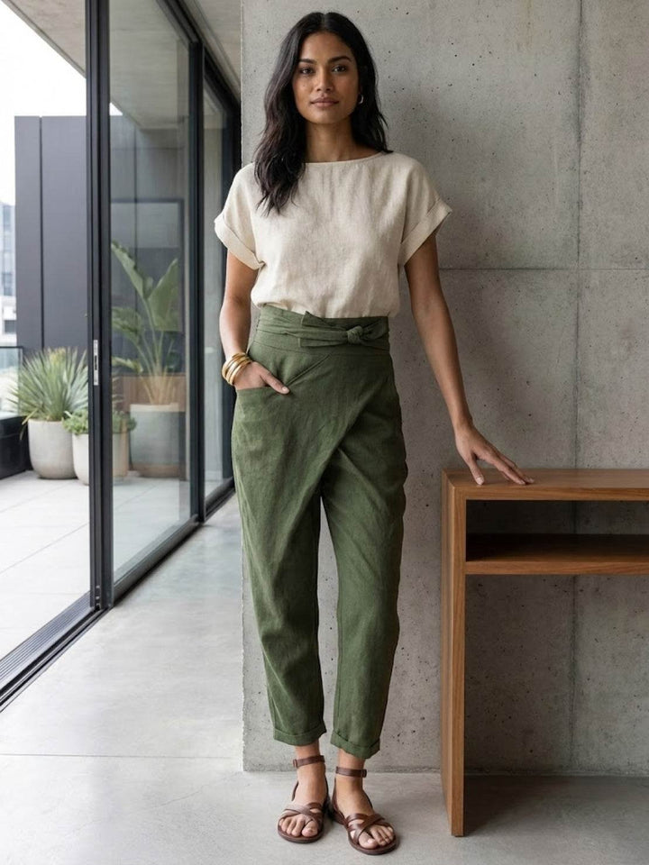 Women's High Waist Wrap Trousers Cropped Tapered with Bow Waistband 6