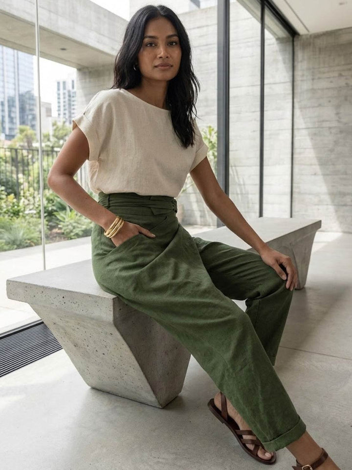 Women's High Waist Wrap Trousers Cropped Tapered with Bow Waistband 7