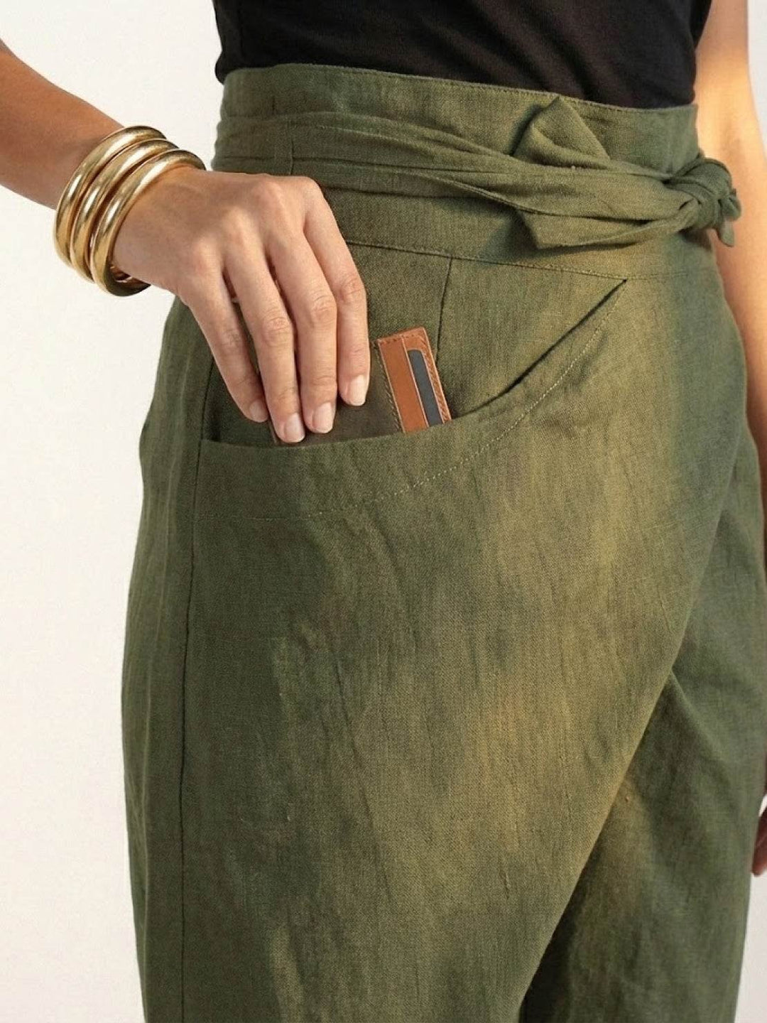 Women's High Waist Wrap Trousers Cropped Tapered with Bow Waistband 8
