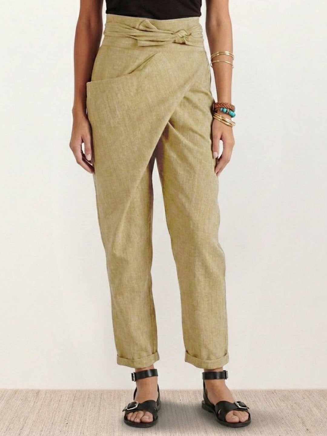 Women's High Waist Wrap Trousers Cropped Tapered with Bow Waistband 9