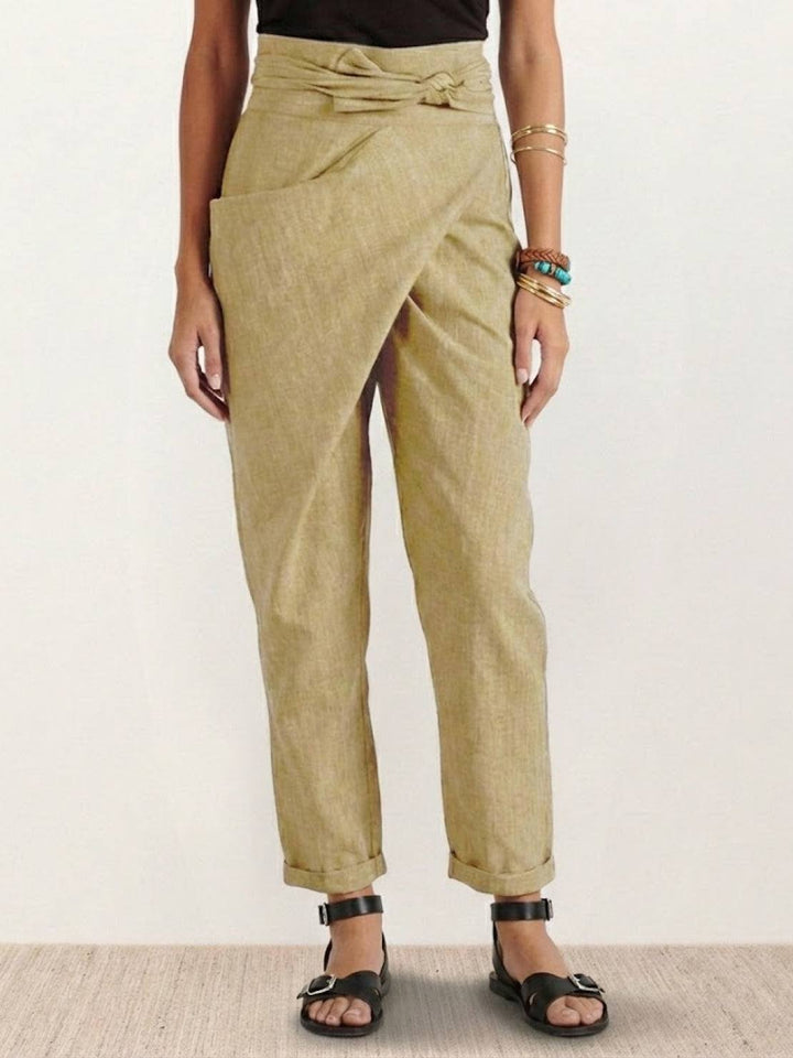 Women's High Waist Wrap Trousers Cropped Tapered with Bow Waistband 9