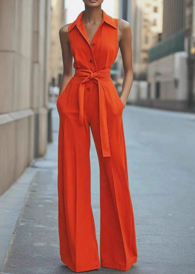 Women's Jumpsuit - Elegant Sleeveless Wide Leg with Lapel Neck and Adjustable Belt for Versatile Styling 0