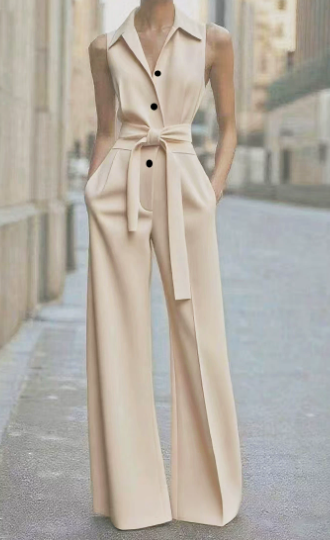Women's Jumpsuit - Elegant Sleeveless Wide Leg with Lapel Neck and Adjustable Belt for Versatile Styling 1