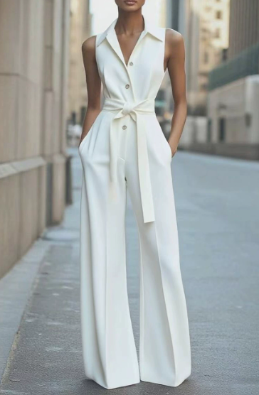 Women's Jumpsuit - Elegant Sleeveless Wide Leg with Lapel Neck and Adjustable Belt for Versatile Styling 5