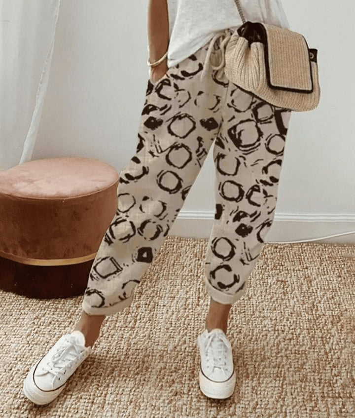 Women's Loose Tie-Waist Summer Trousers with Abstract Print for Casual Wear 0