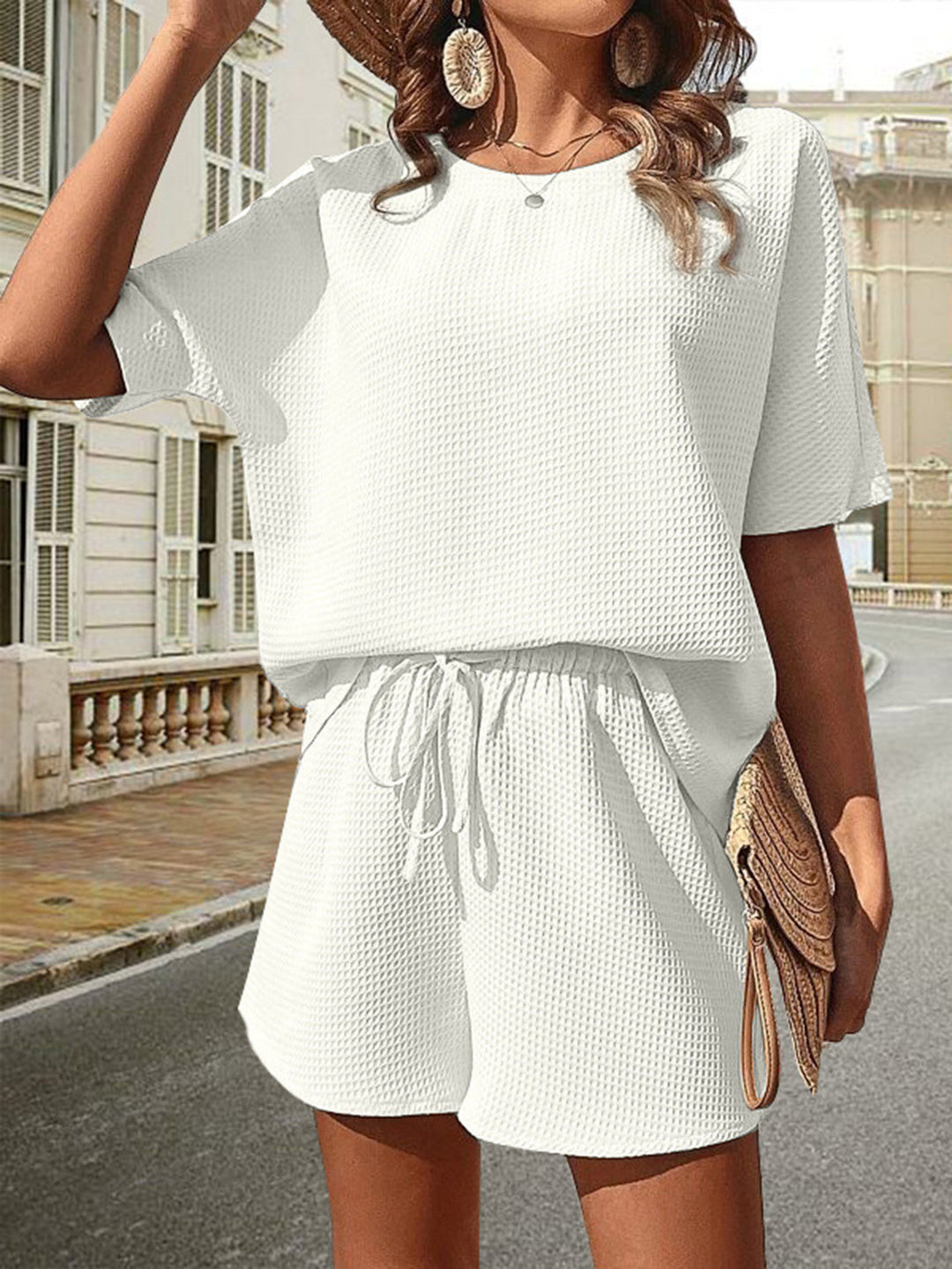 Women's Loungewear Waffle-Knit Two-Piece Summer Top and Shorts Set - Stylish Comfort for Casual Outings 8