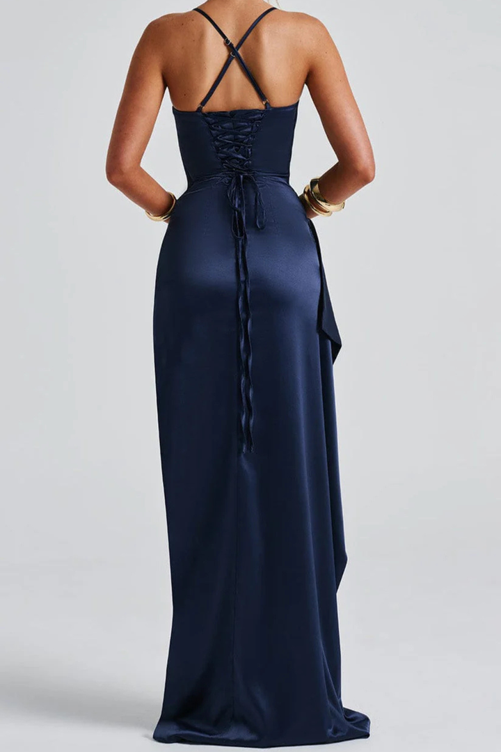 Women's Maxi Dress - Elegant Spaghetti Strap Ruched Design with High Slit - Perfect for Formal Events and Summer Dresses 4