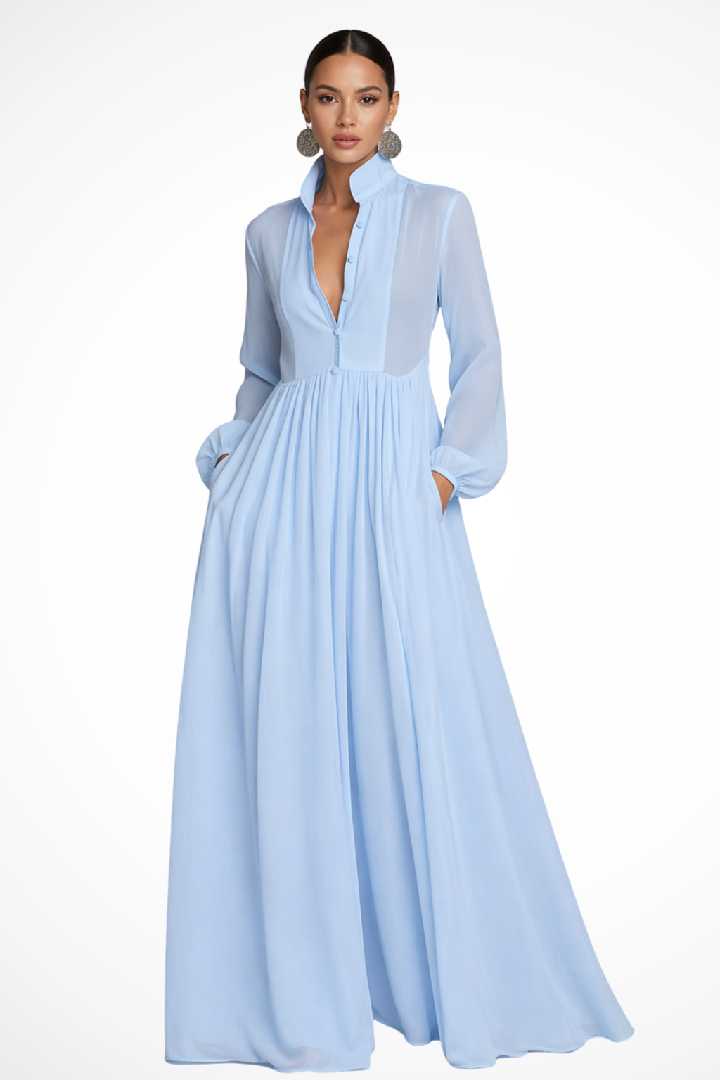 Women's Maxi Dress with Pockets, Long Sleeve Button Front Dress for Garden Parties 0