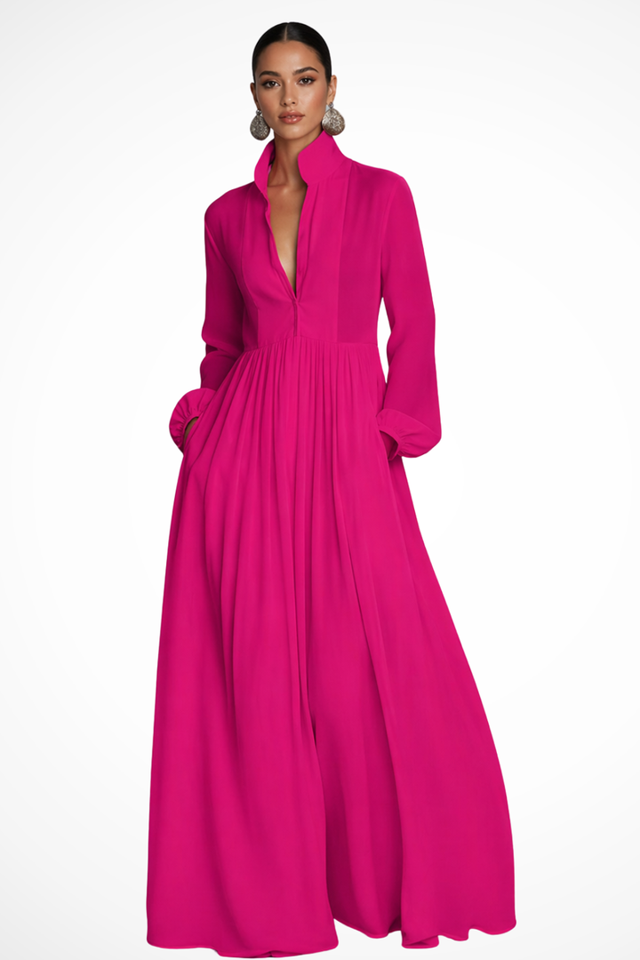 Women's Maxi Dress with Pockets, Long Sleeve Button Front Dress for Garden Parties 1