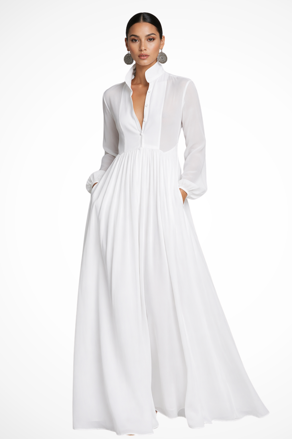 Women's Maxi Dress with Pockets, Long Sleeve Button Front Dress for Garden Parties 2