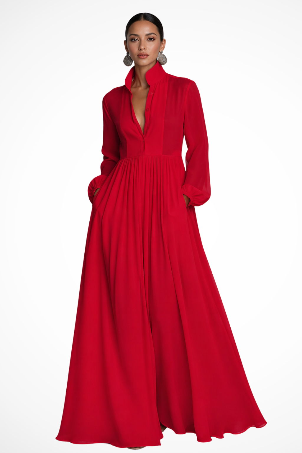 Women's Maxi Dress with Pockets, Long Sleeve Button Front Dress for Garden Parties 3