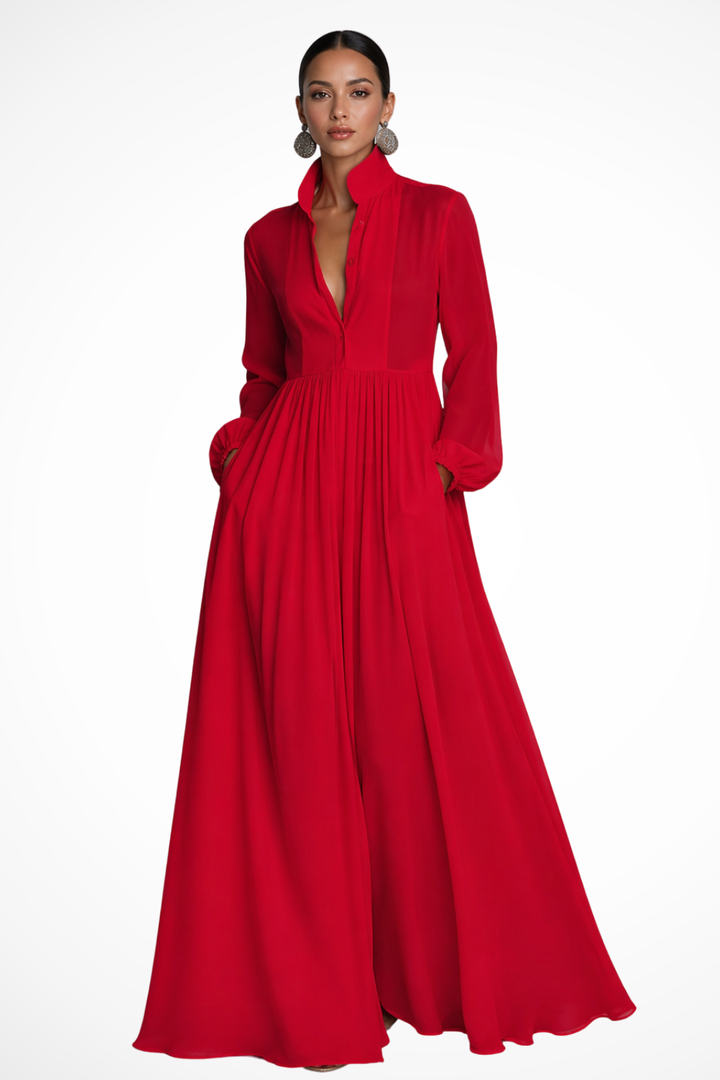 Women's Maxi Dress with Pockets, Long Sleeve Button Front Dress for Garden Parties 3