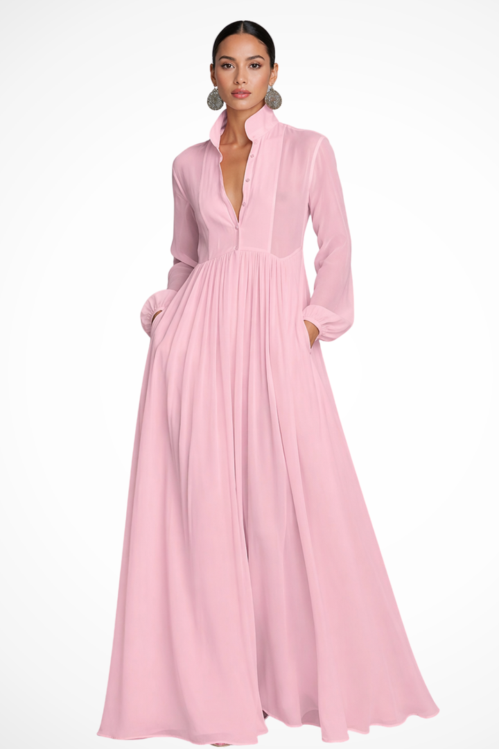 Women's Maxi Dress with Pockets, Long Sleeve Button Front Dress for Garden Parties 4