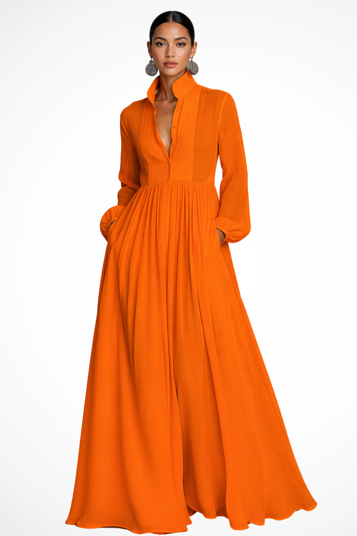 Women's Maxi Dress with Pockets, Long Sleeve Button Front Dress for Garden Parties 5