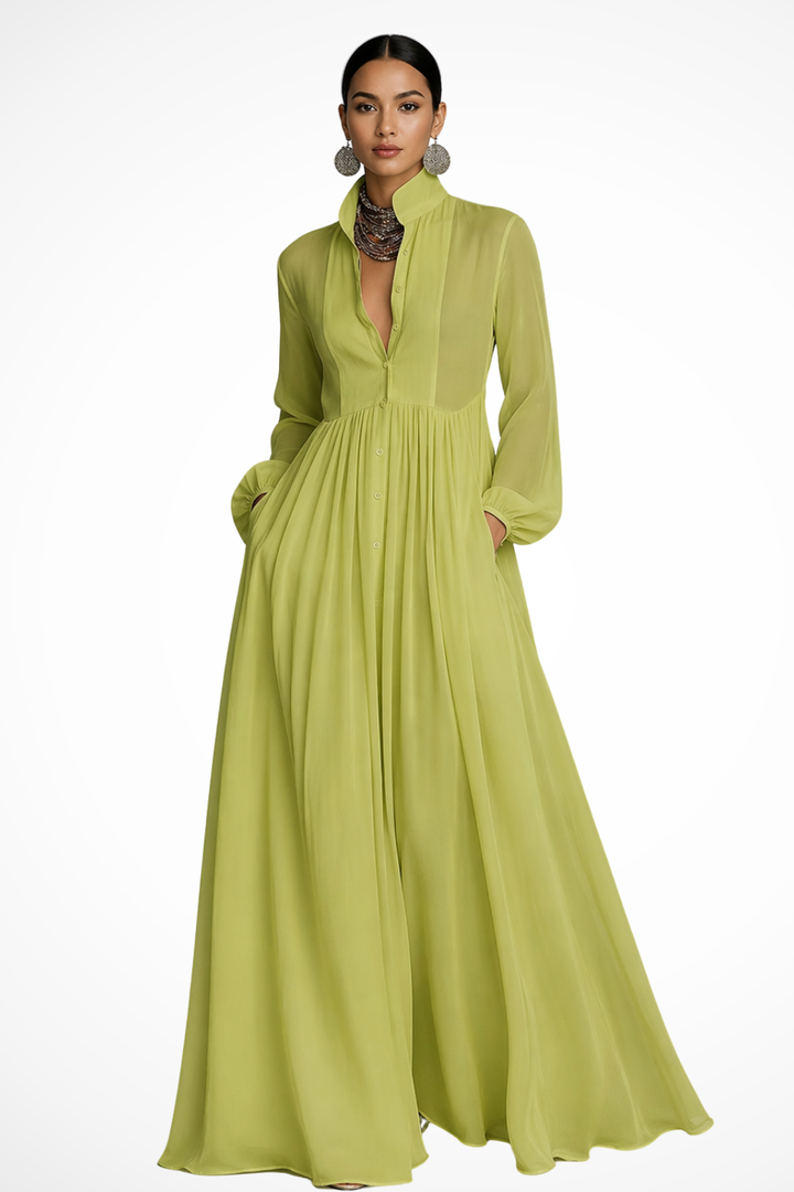 Women's Maxi Dress with Pockets, Long Sleeve Button Front Dress for Garden Parties 6