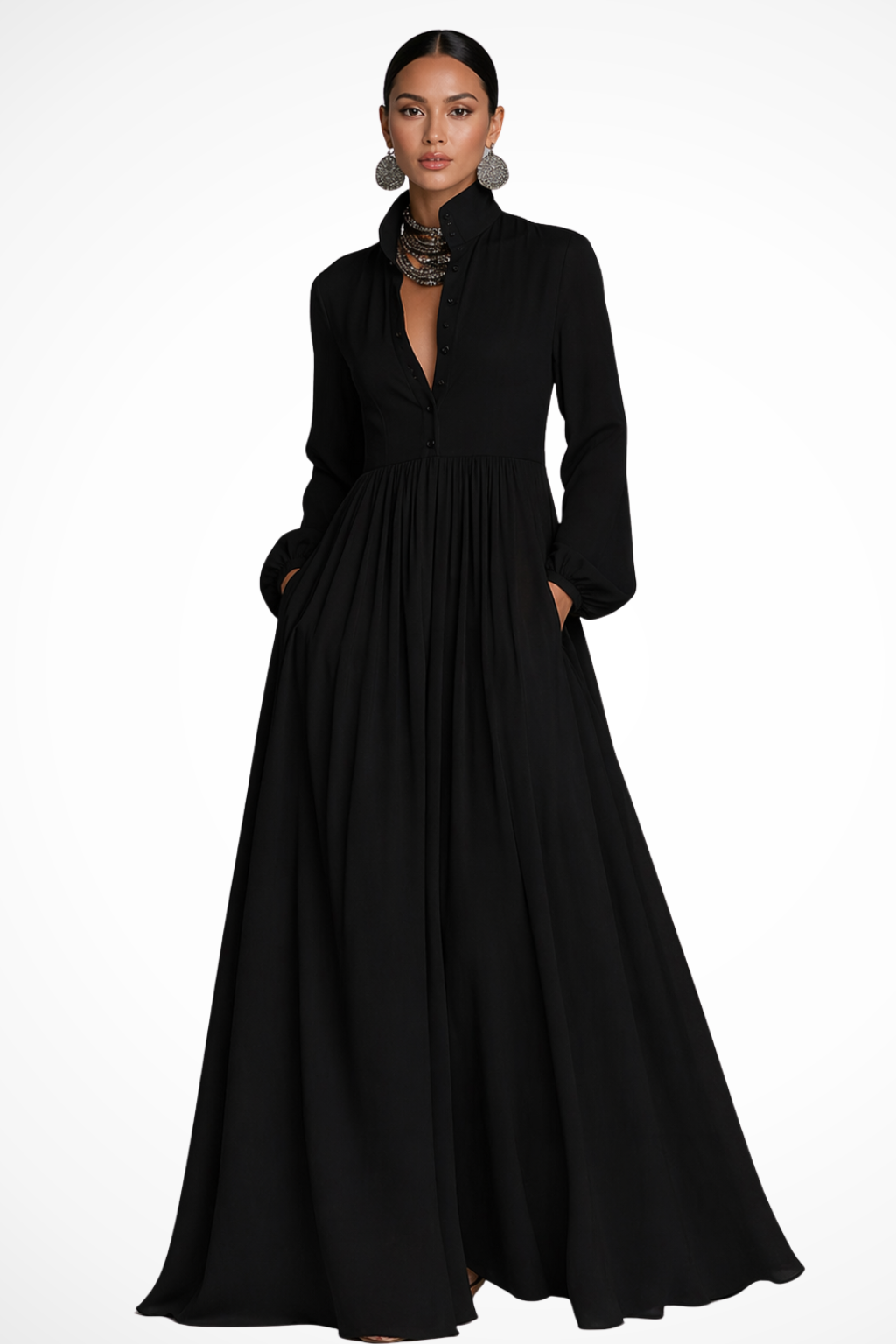 Women's Maxi Dress with Pockets, Long Sleeve Button Front Dress for Garden Parties 7