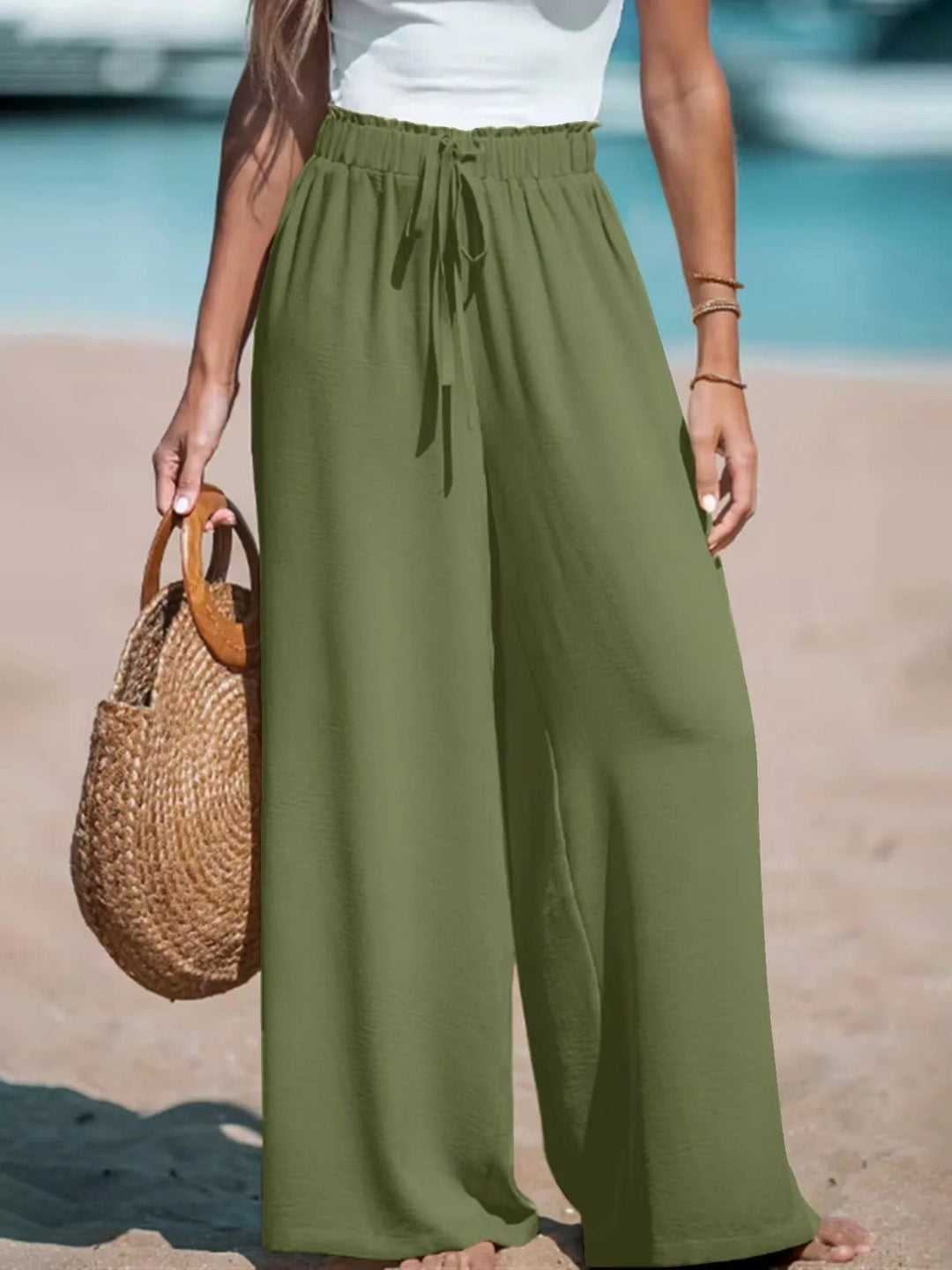 Women's Palazzo Trousers with Tie Belt Wide Leg Summer Pants 2