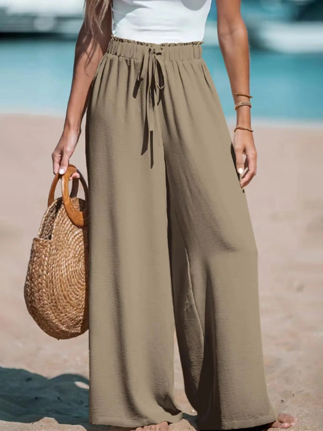 Women's Palazzo Trousers with Tie Belt Wide Leg Summer Pants 3