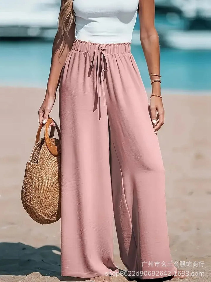 Women's Palazzo Trousers with Tie Belt Wide Leg Summer Pants 4