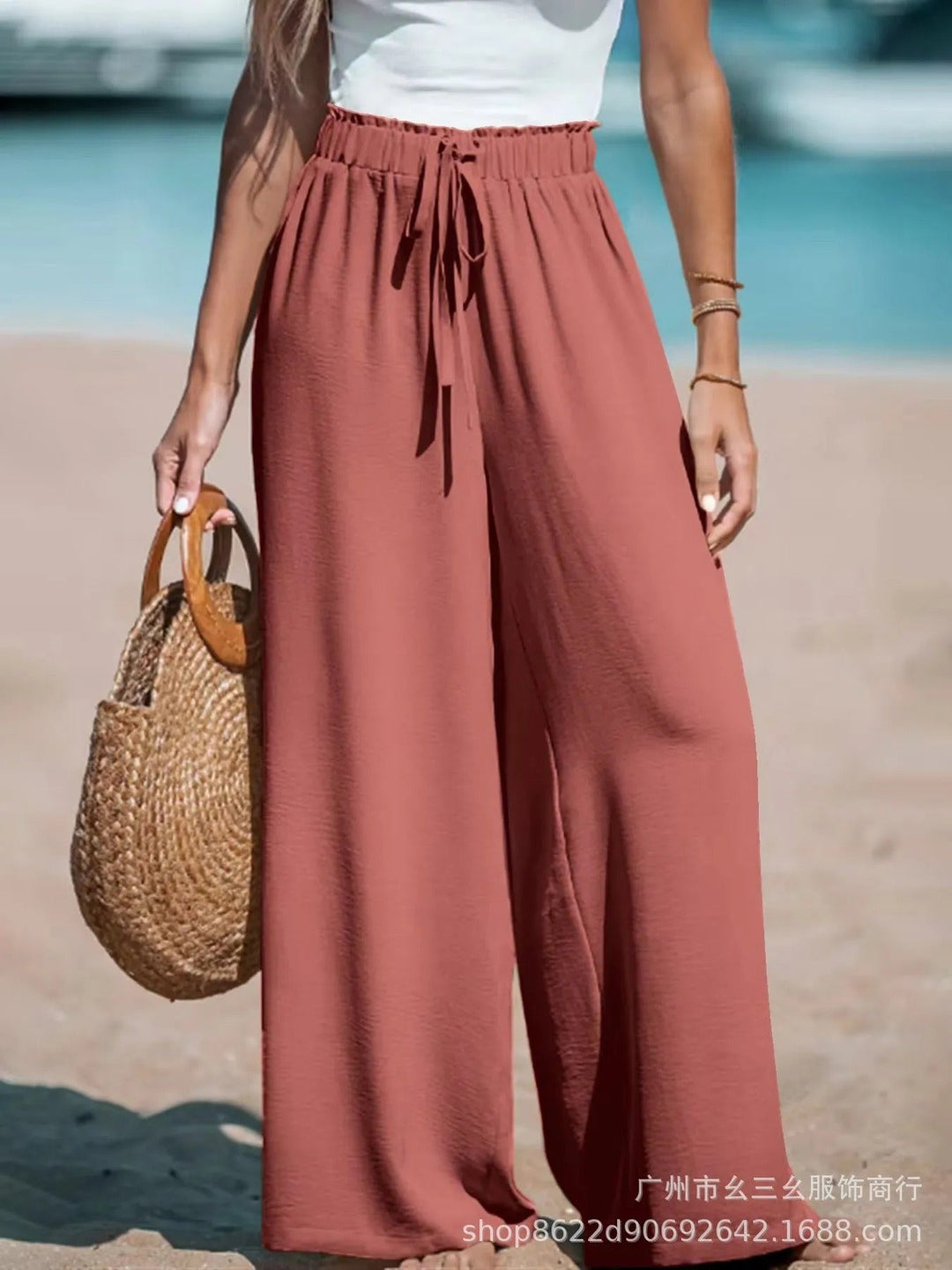Women's Palazzo Trousers with Tie Belt Wide Leg Summer Pants 6