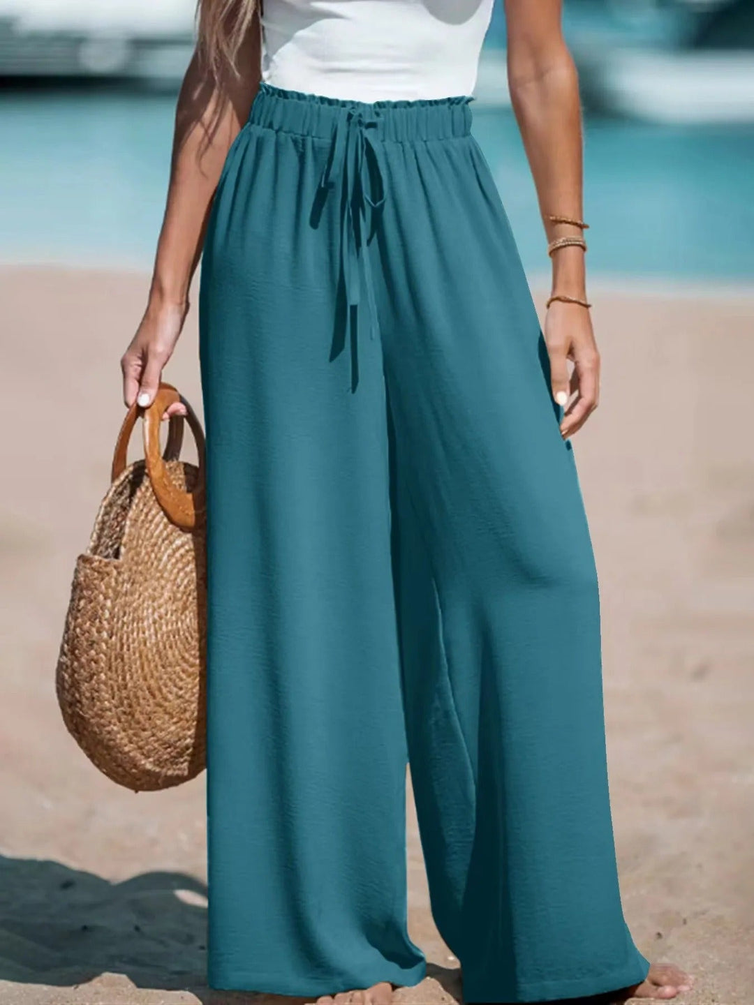 Women's Palazzo Trousers with Tie Belt Wide Leg Summer Pants 8