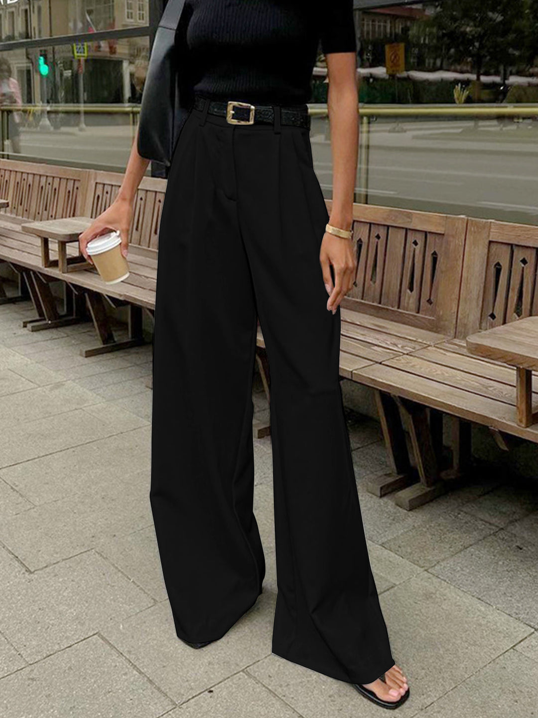 Women's Pleated Front Wide Leg Pants with Belt for Elegant Business and Casual Wear 3