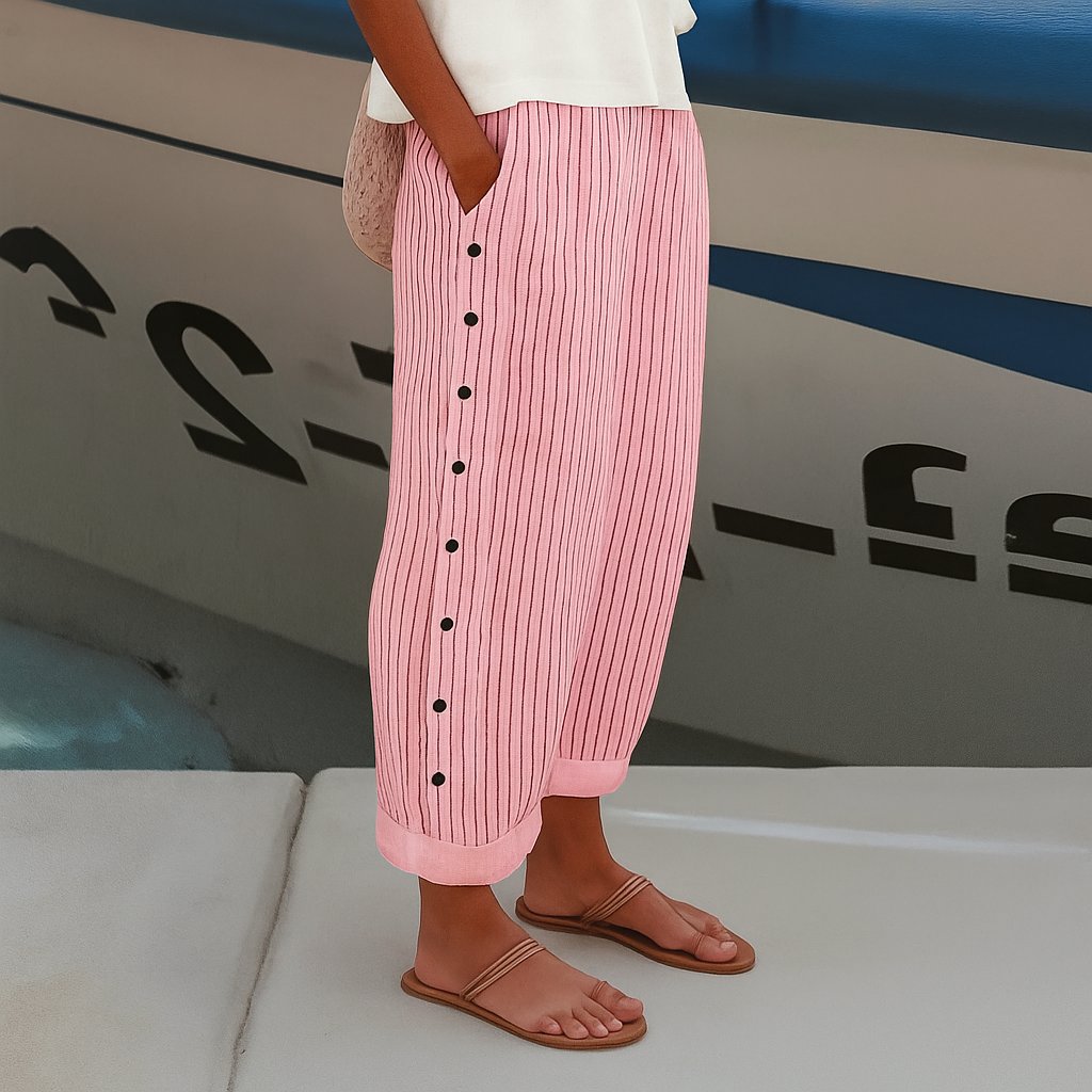 Women's Relaxed-Fit Striped Trousers with Side Pockets Elastic Waistband 3