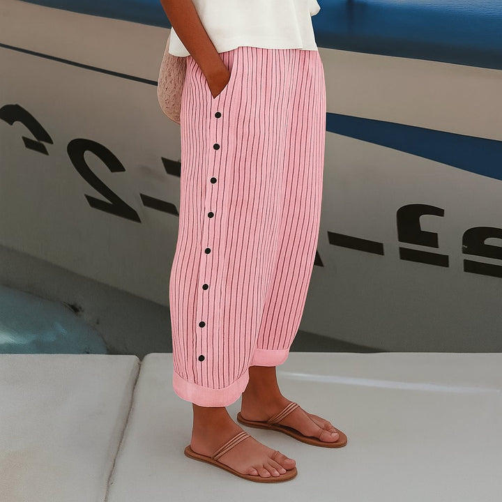 Women's Relaxed-Fit Striped Trousers with Side Pockets Elastic Waistband 3