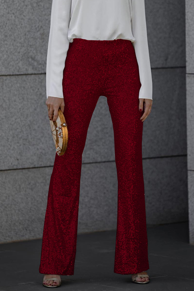 Women's Shiny Sequin Bell Bottom Pants Glamorous Party Trousers 1