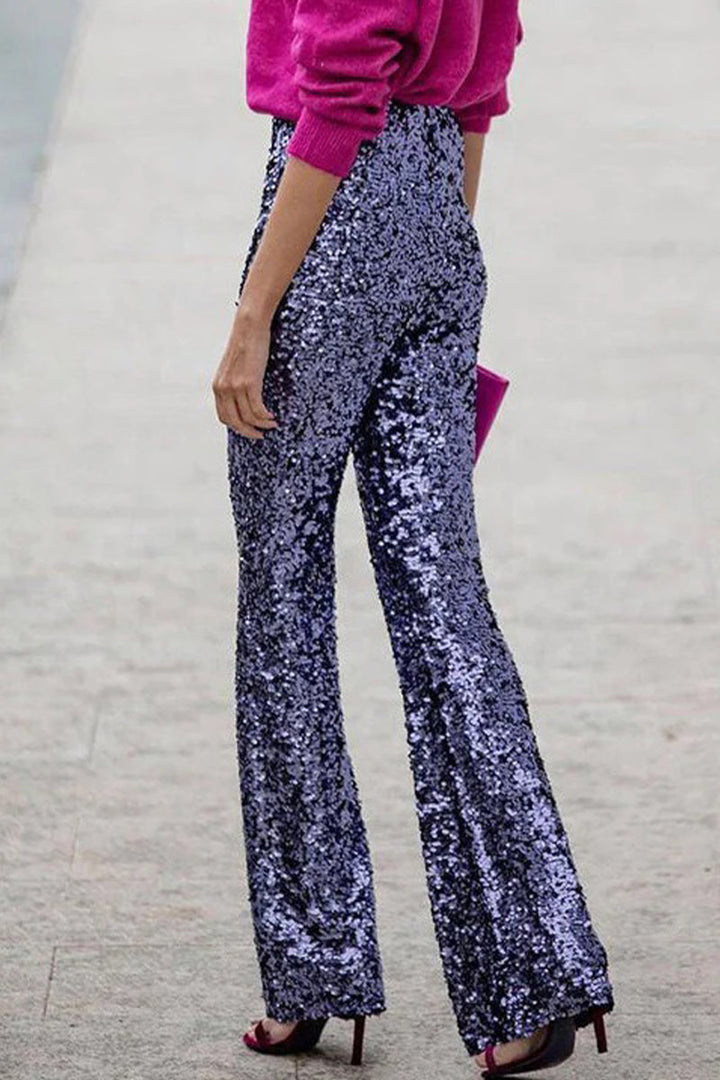 Women's Shiny Sequin Bell Bottom Pants Glamorous Party Trousers 3