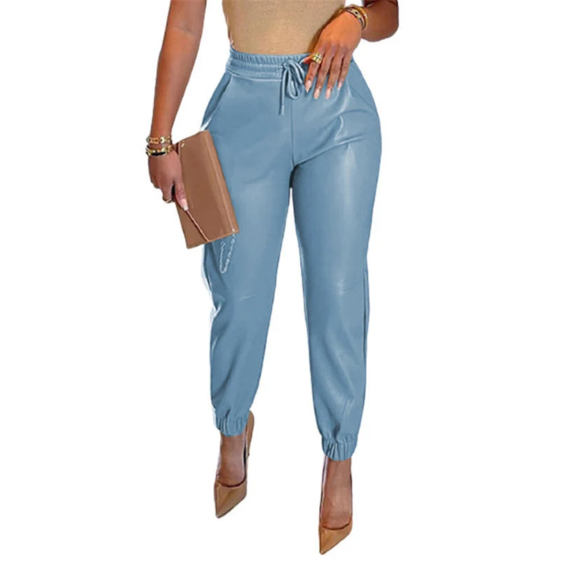 Women’s Slim Fit Sporty Leather Trousers with Elastic Waistband 0
