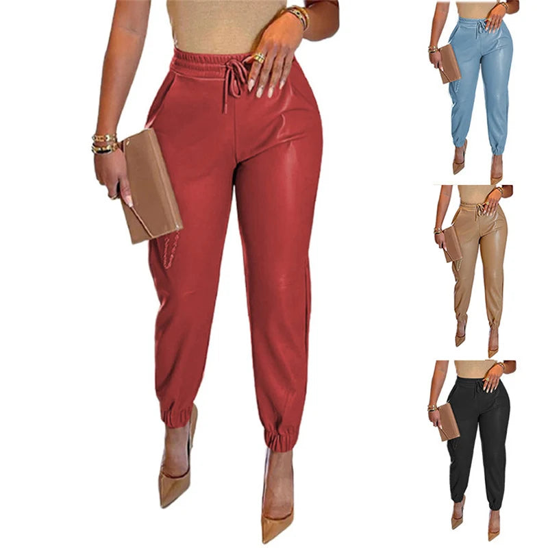 Women’s Slim Fit Sporty Leather Trousers with Elastic Waistband 1