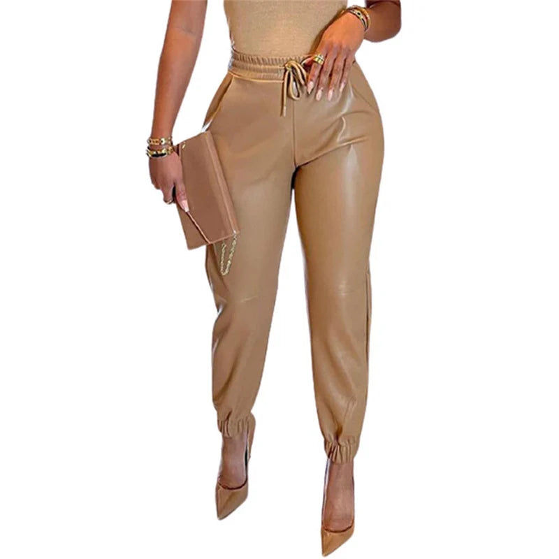 Women’s Slim Fit Sporty Leather Trousers with Elastic Waistband 2