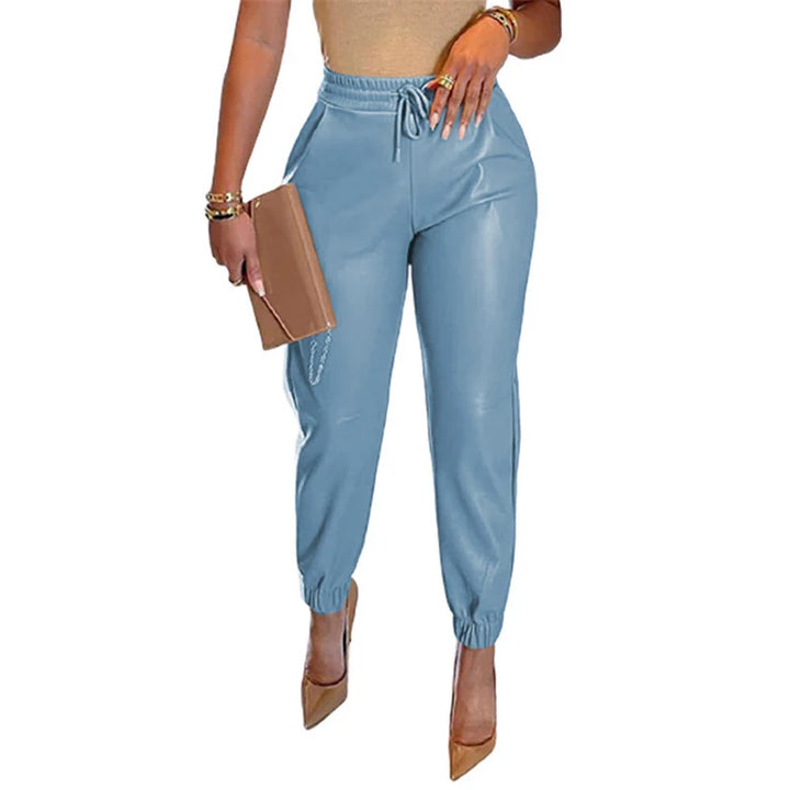 Women’s Slim Fit Sporty Leather Trousers with Elastic Waistband 3