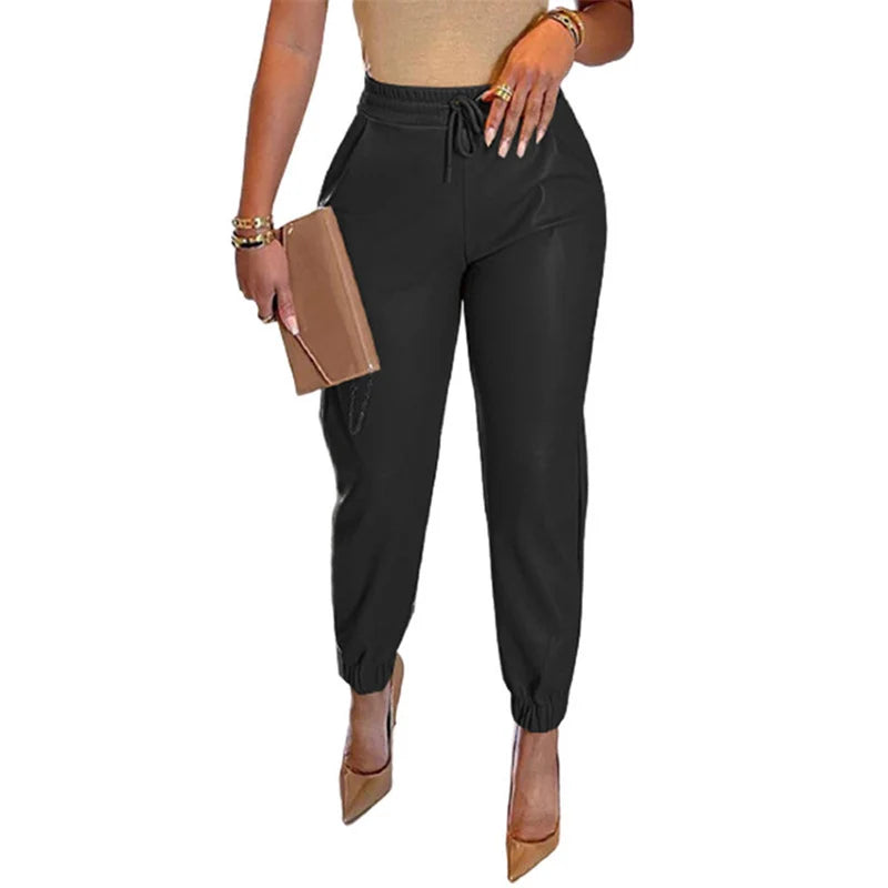 Women’s Slim Fit Sporty Leather Trousers with Elastic Waistband 5