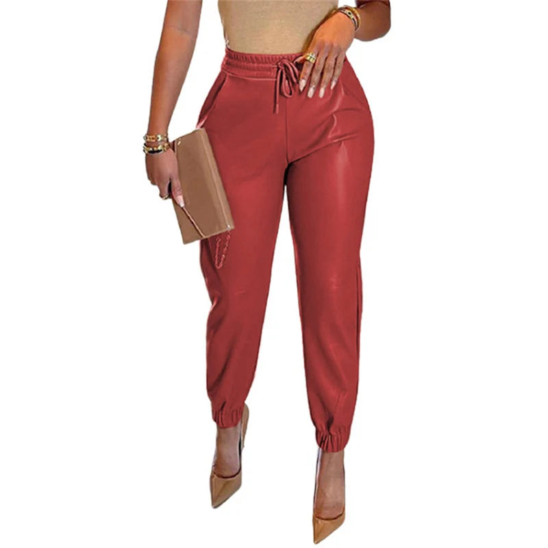 Women’s Slim Fit Sporty Leather Trousers with Elastic Waistband 7
