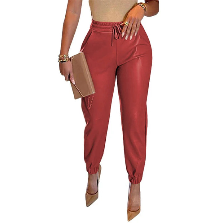 Women’s Slim Fit Sporty Leather Trousers with Elastic Waistband 7