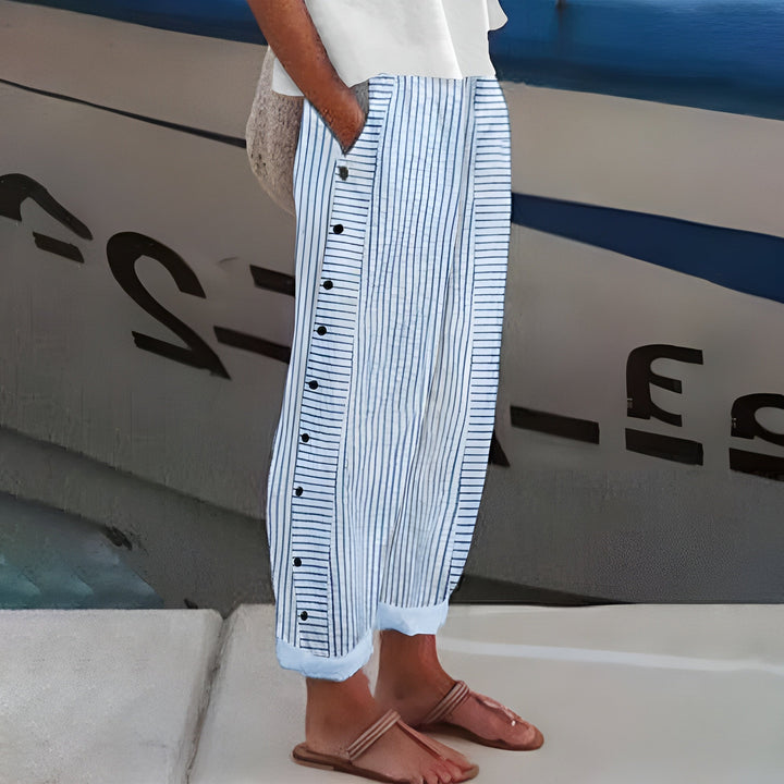Women's Striped Casual Trousers with Button Details - Lightweight Summer Pants 0