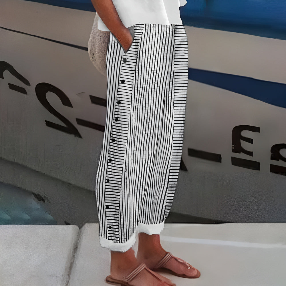Women's Striped Casual Trousers with Button Details - Lightweight Summer Pants 1