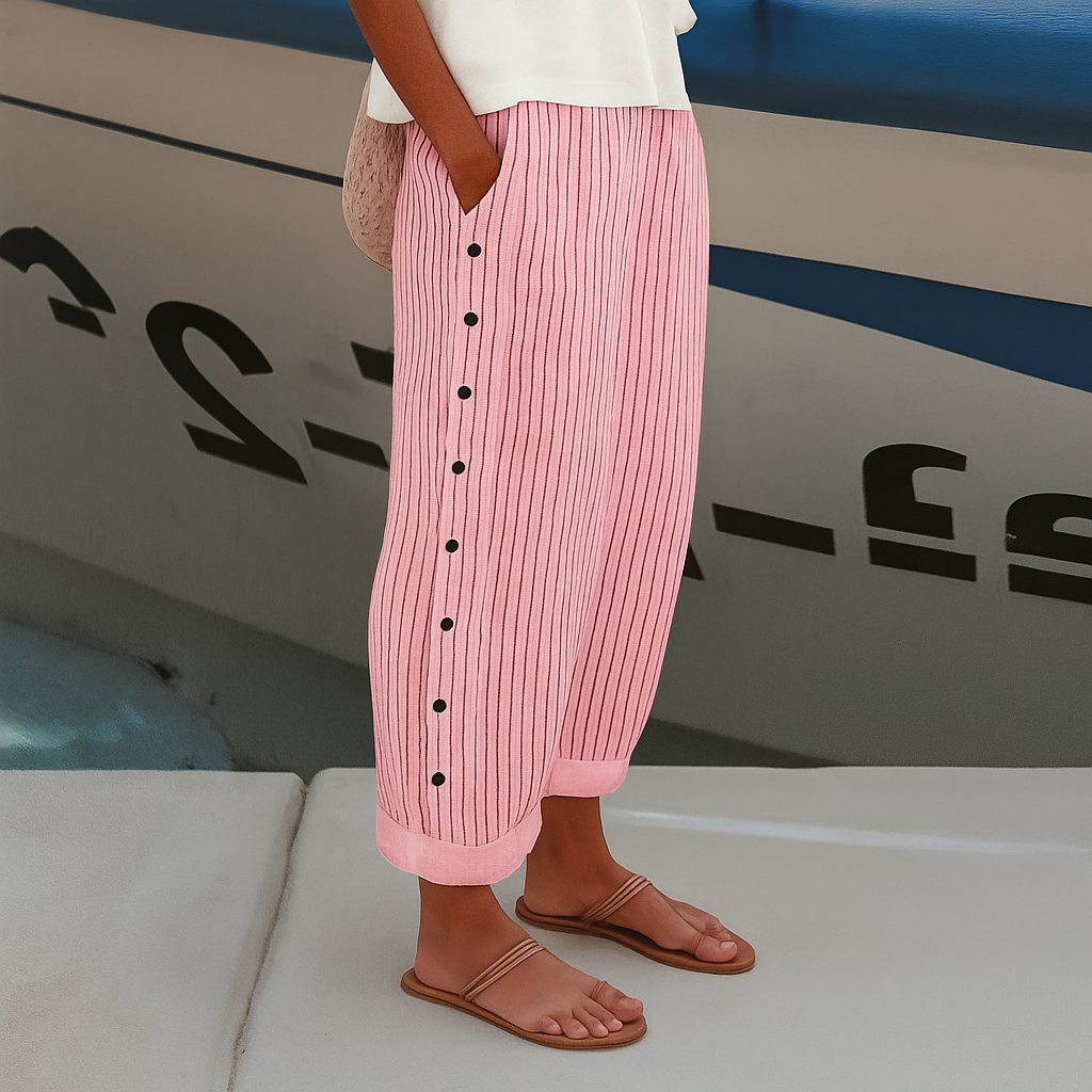 Women's Striped Casual Trousers with Button Details - Lightweight Summer Pants 3