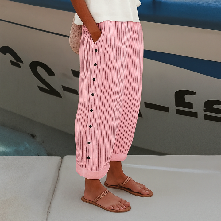 Women's Striped Casual Trousers with Button Details - Lightweight Summer Pants 3