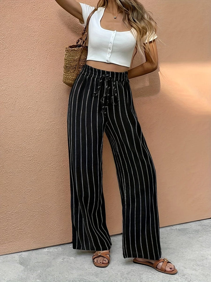 Women's Striped Wide Leg Pants with Elastic Drawstring Waistband for Summer 2