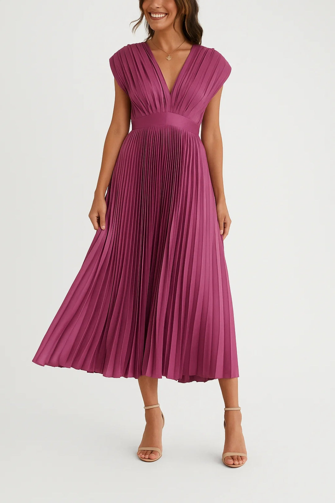 Women's Summer Dress - Elegant V-Neck Midi Dress with Pleated Design for Formal or Casual Occasions 0