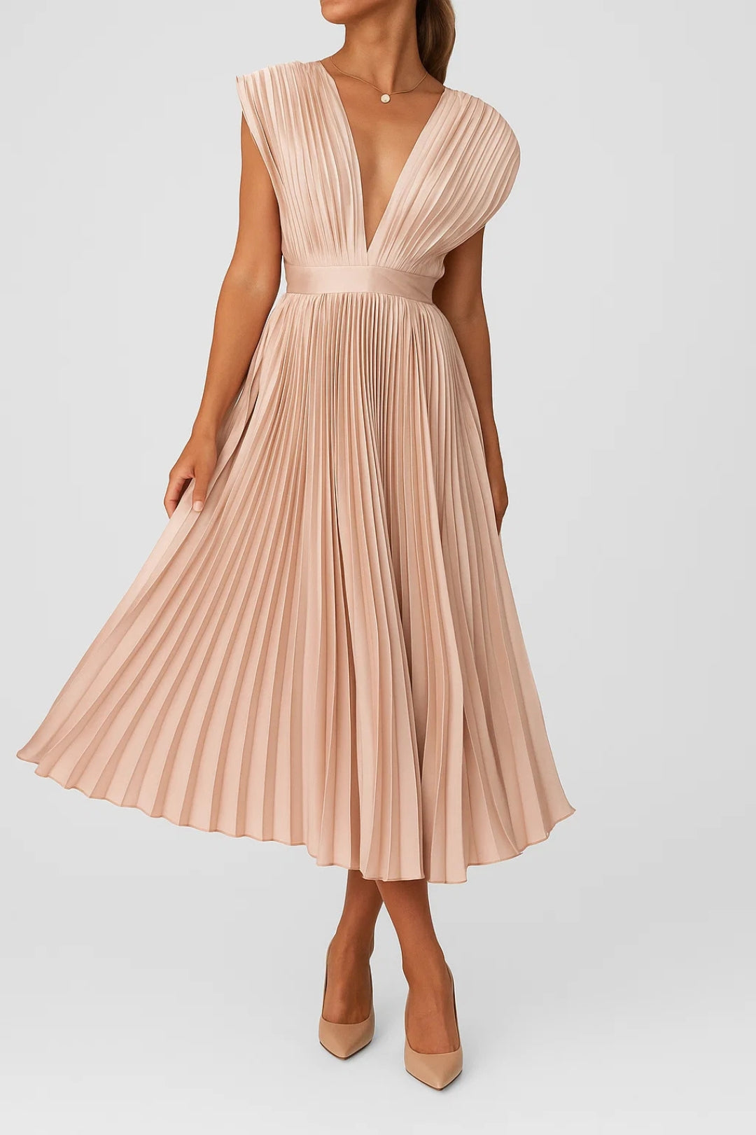 Women's Summer Dress - Elegant V-Neck Midi Dress with Pleated Design for Formal or Casual Occasions 1