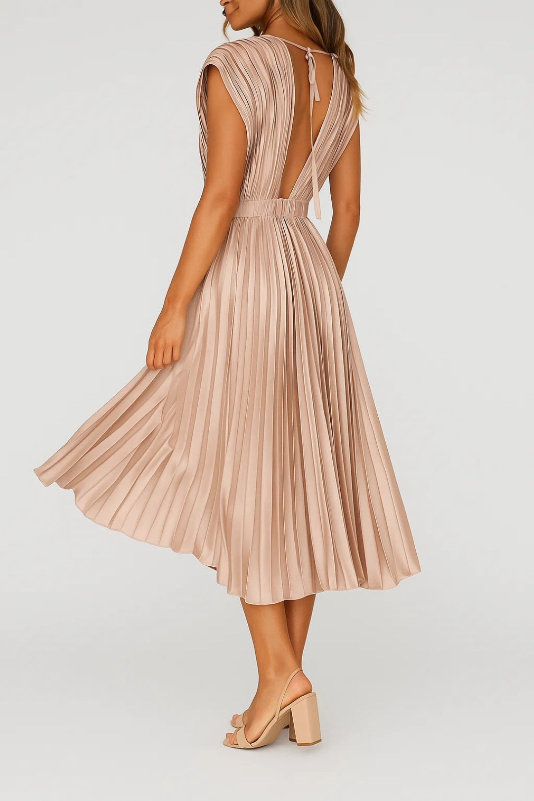 Women's Summer Dress - Elegant V-Neck Midi Dress with Pleated Design for Formal or Casual Occasions 2